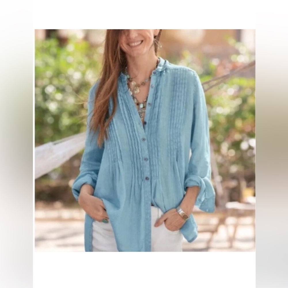 Sundance Katina Tunic Shirt Women's large Blue 100% linen